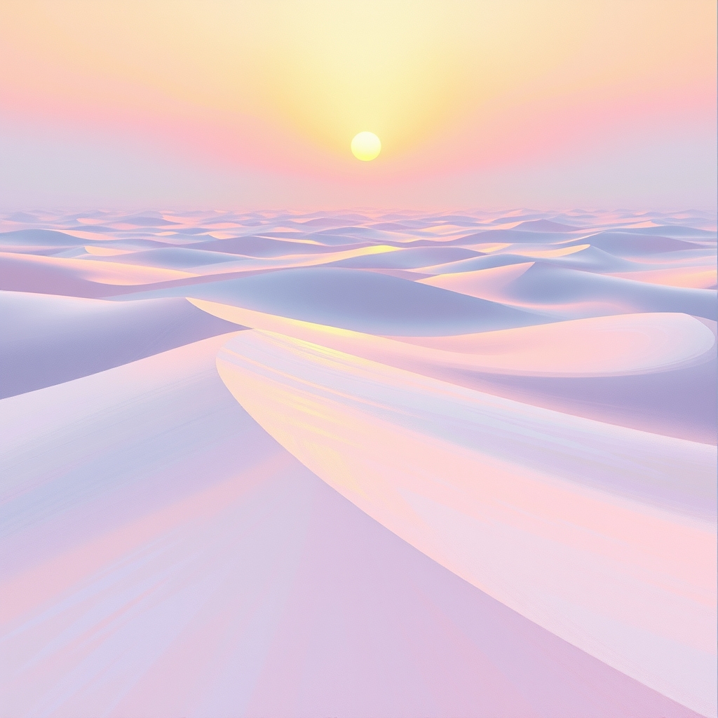 A serene desert landscape with undulating dunes and a pastel-colored sky