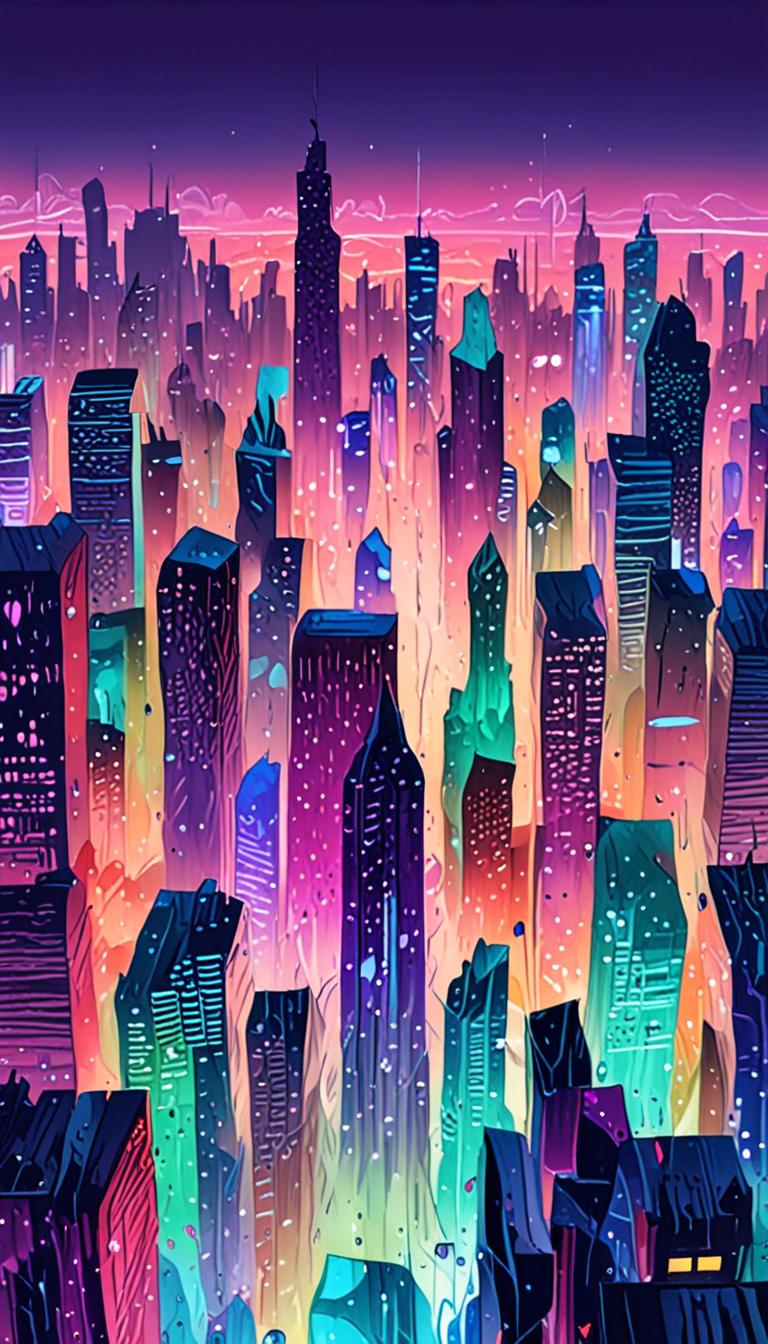 A fantastical crystal formation emerges from a rain-soaked cityscape.