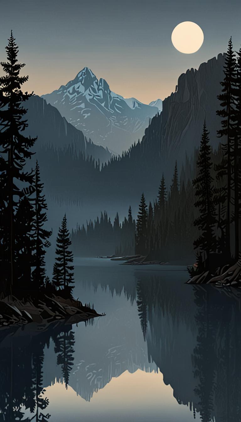 A misty mountain landscape at dusk, with the moon rising above the peaks