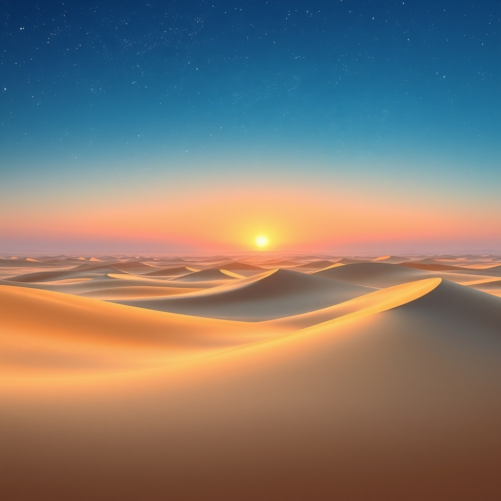 A golden desert landscape with towering dunes and a starry night sky
