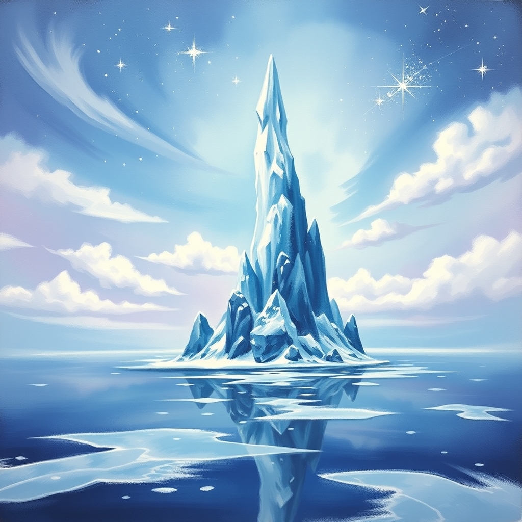 A frozen crystal spire surrounded by wispy clouds and a starry galaxy.