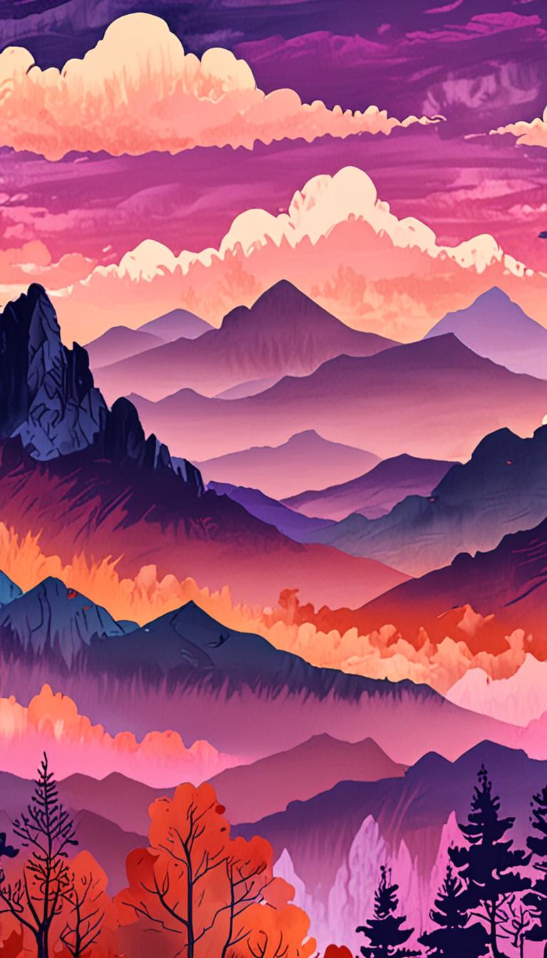 A serene mountain landscape at dusk with rolling hills and majestic peaks.