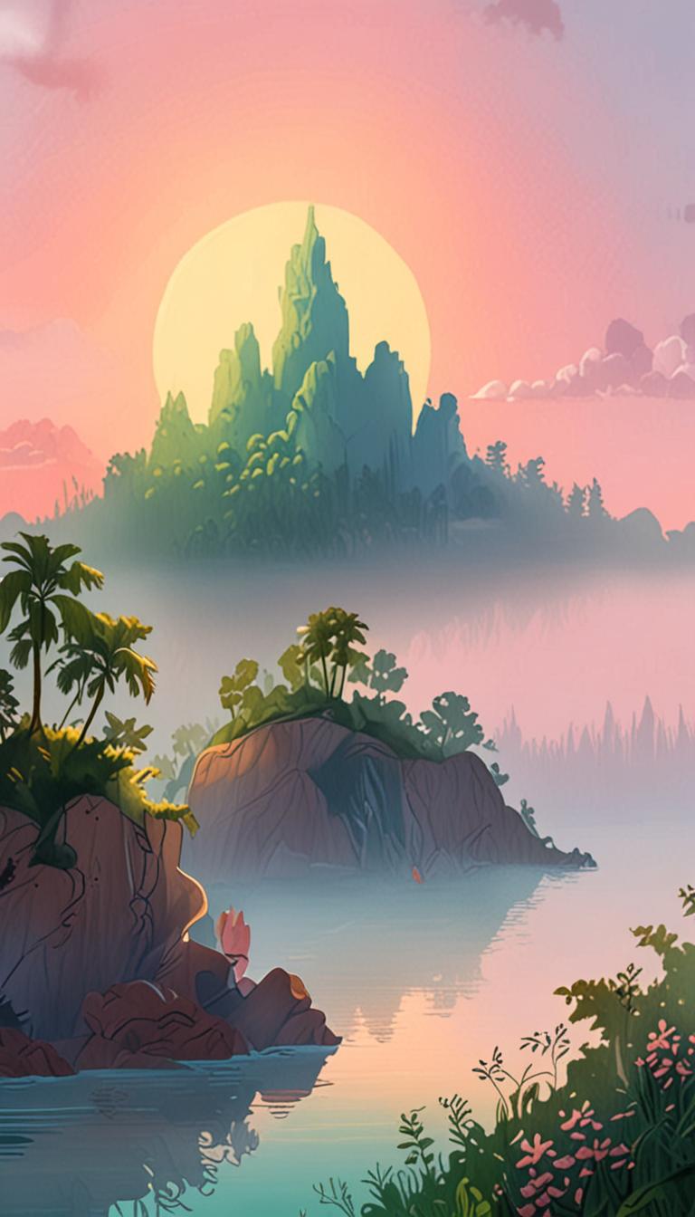 A serene island paradise with wispy clouds and soft pastel hues