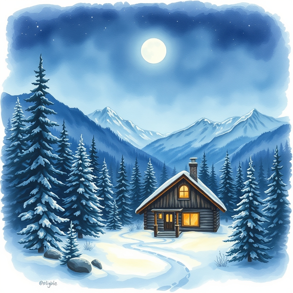 A serene winter landscape of a secluded cabin in the mountains under a starry night sky