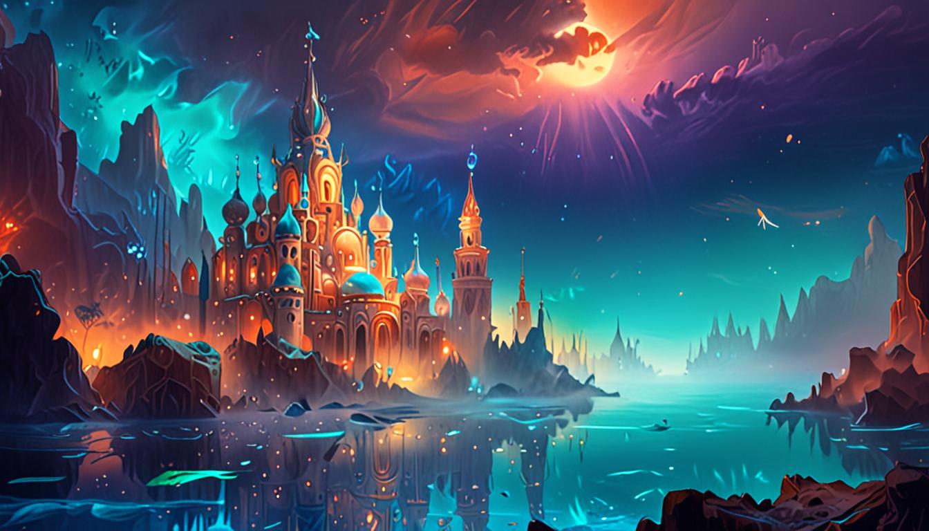 A mystical underwater city shrouded in misty veil, with soft, warm sunlight filtering through the surface.