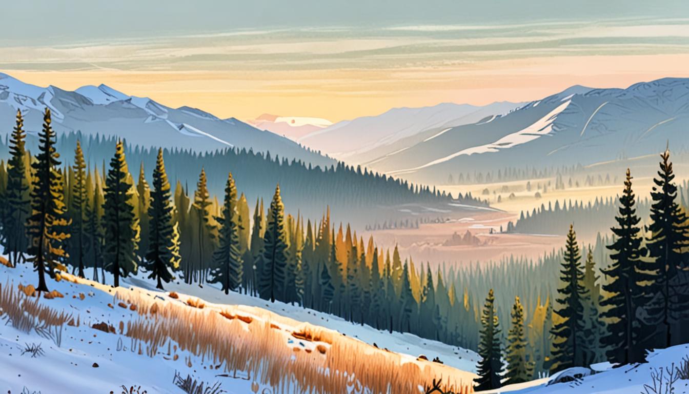 A serene winter landscape with a forest and snowy valley