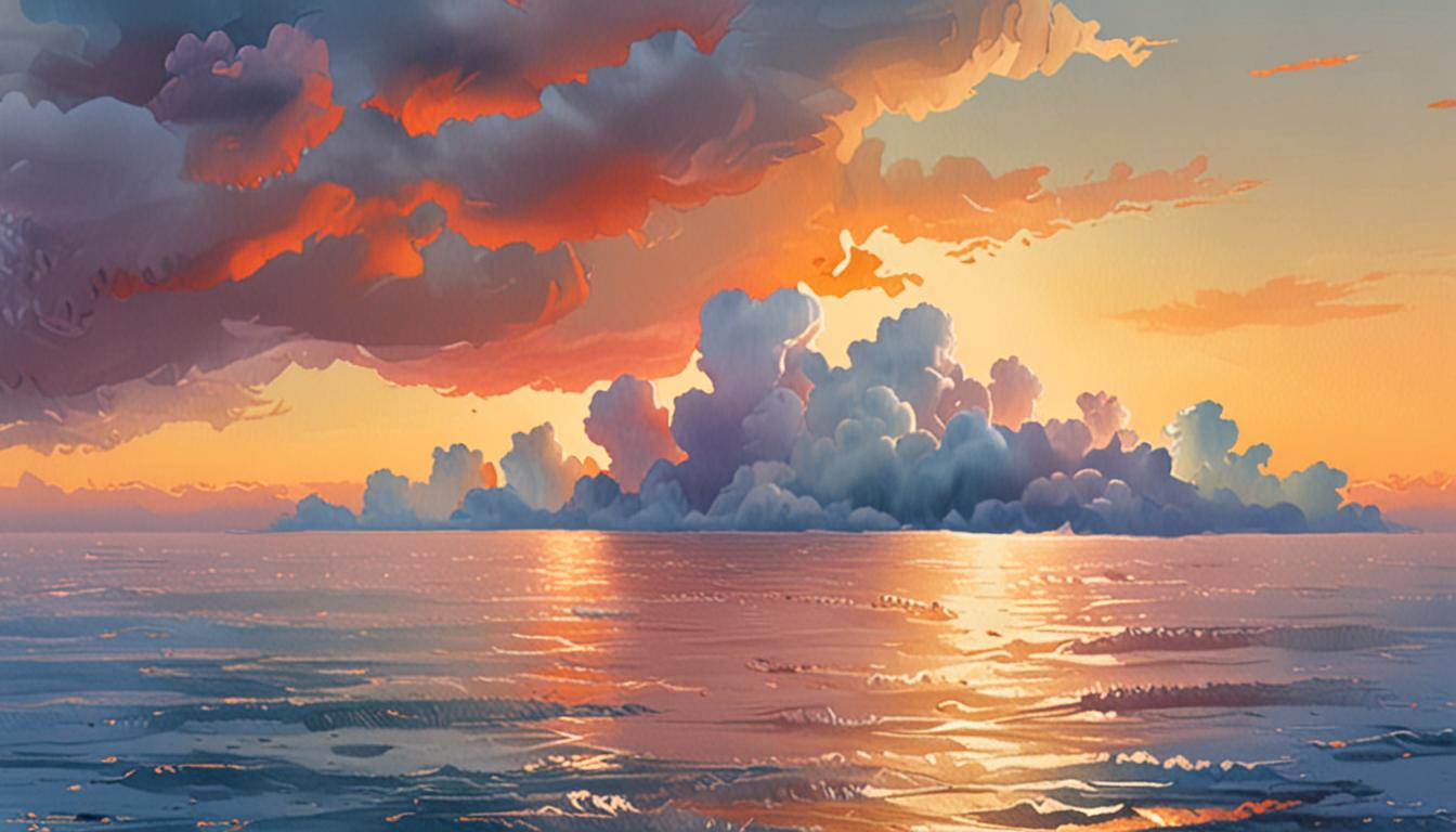 A cluster of cloud islands floating in a serene pastel sky with warm golden light and delicate sea foam.