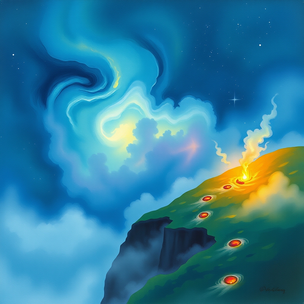 A swirling nebula cloud with glowing embers cascading down a misty hillside.