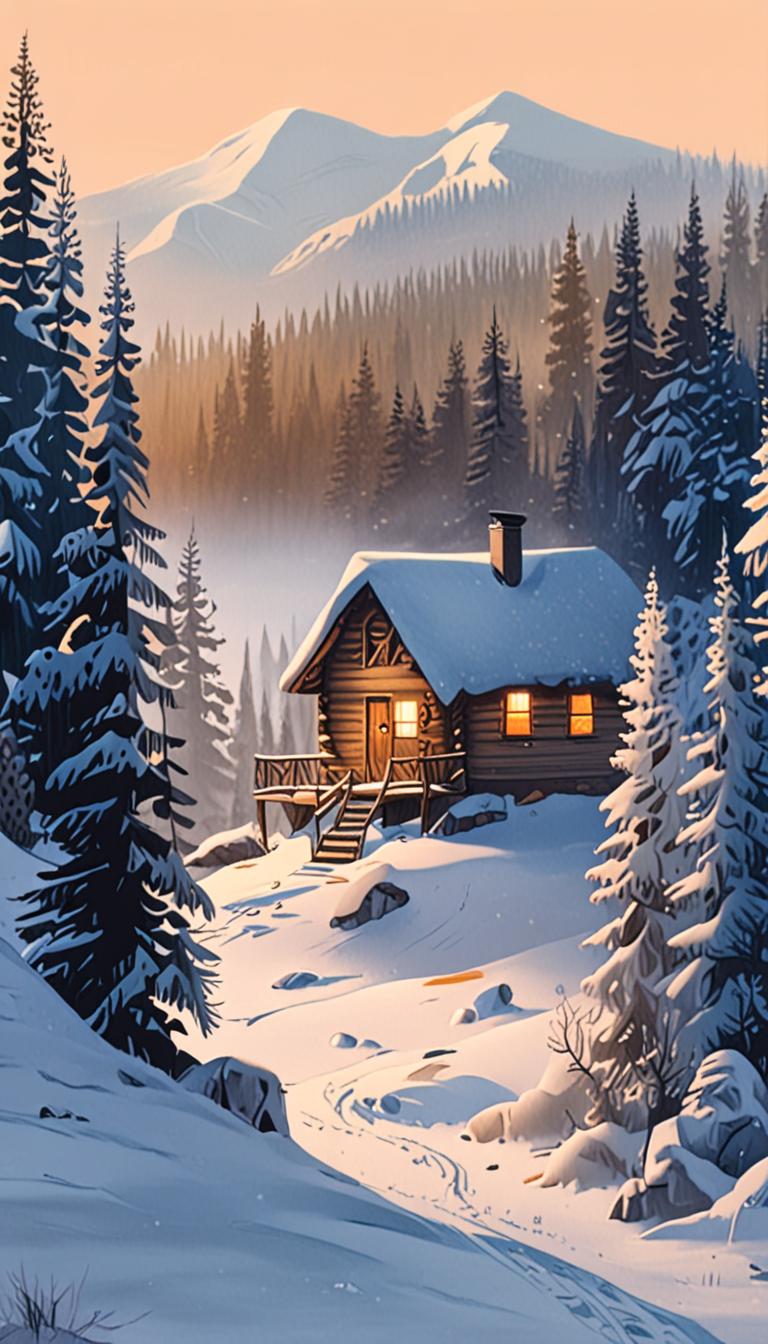 A serene winter landscape with a snow-covered cabin and frozen trees, illuminated by warm golden light.