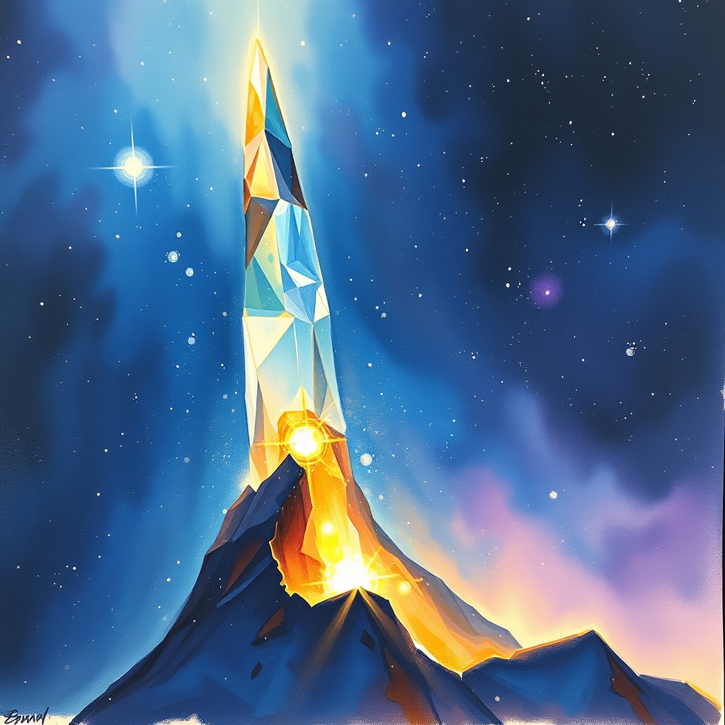 A crystal spire rises from the heart of a nebula, reflecting blues and purples.