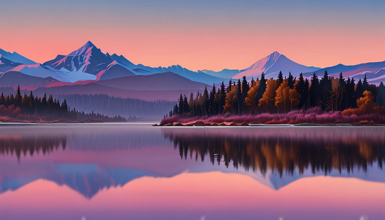A serene, icy landscape with layered hills and a frozen lake at dawn, with a soft pastel colour palette and dreamy watercolour style.