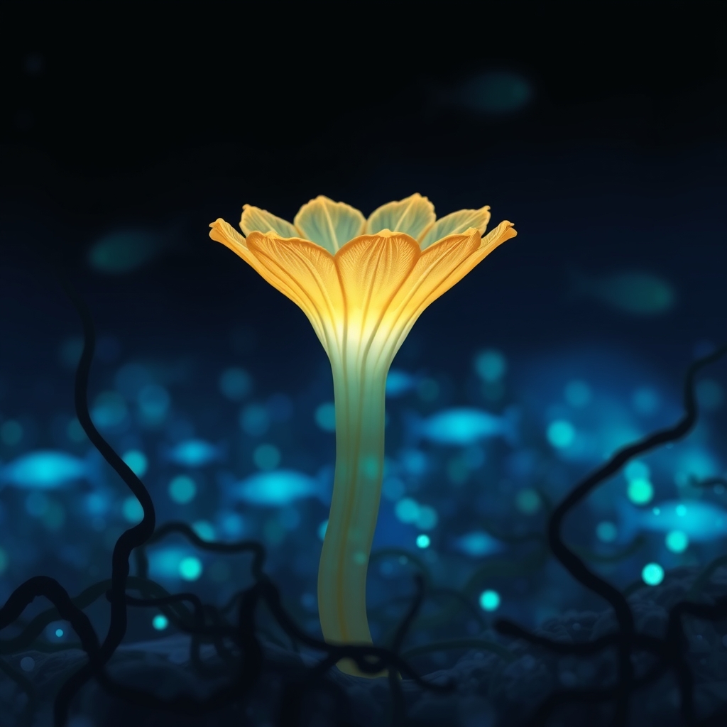 An underwater scene of a glowing, golden bloom and bioluminescent fish in a dark ocean environment