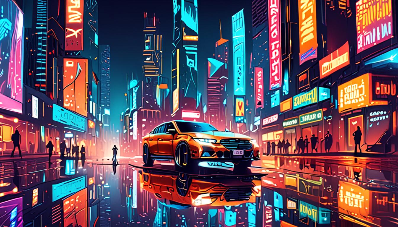 A futuristic cityscape at night, with neon lights reflected in the wet pavement.