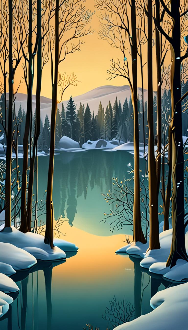 A serene teal-hued lake scene with snow-covered trees and frosty branches, softly lit by warm golden sunlight