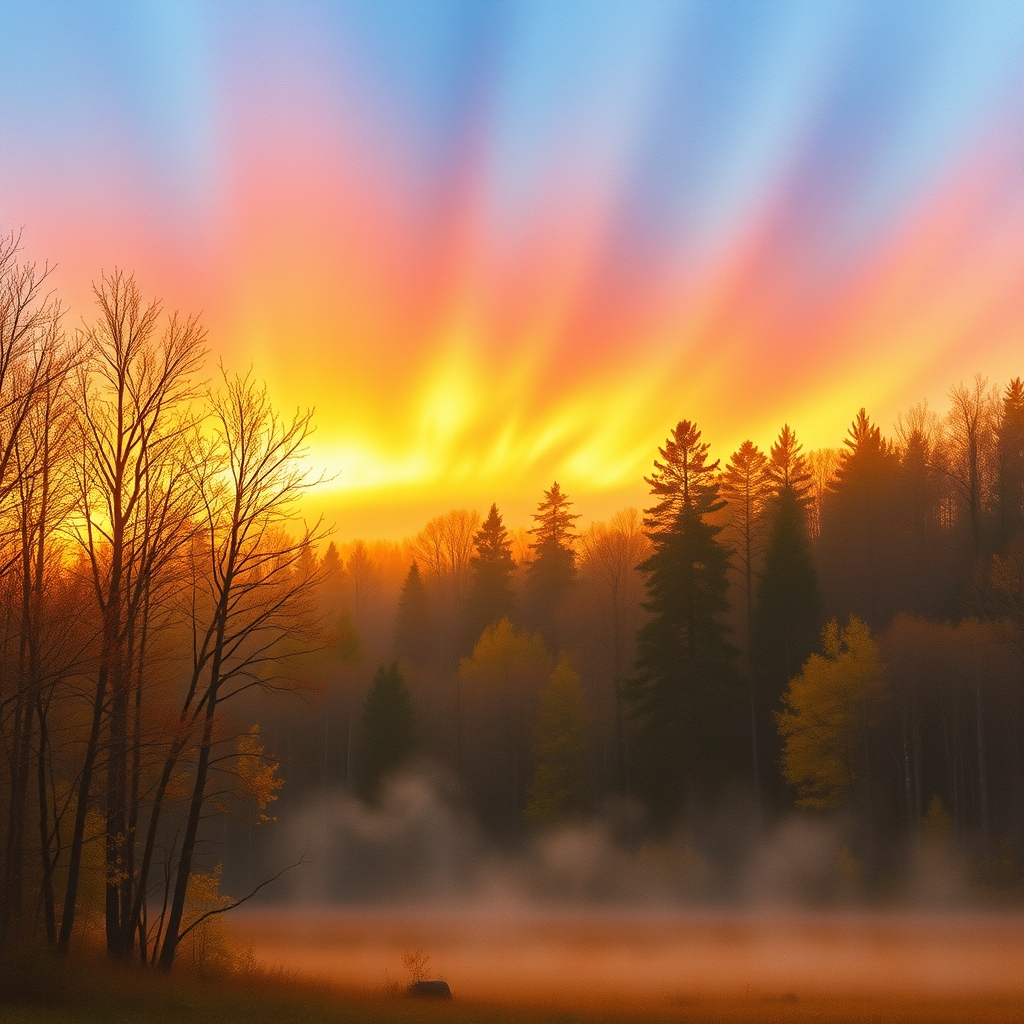 Auroral curtains dance above a tranquil autumnal landscape with warm golden light.