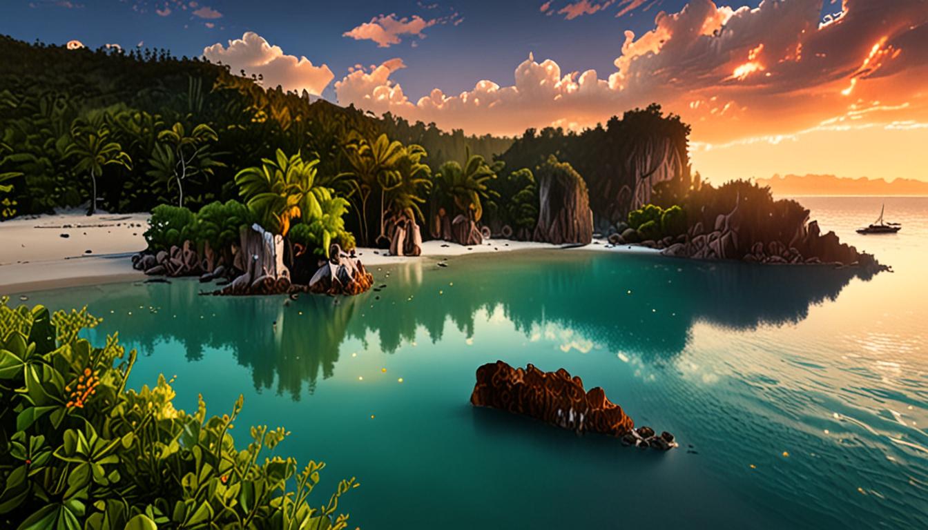 A fantastical landscape featuring a crystal formation near the ocean's edge, surrounded by misty atmosphere and lush greenery.