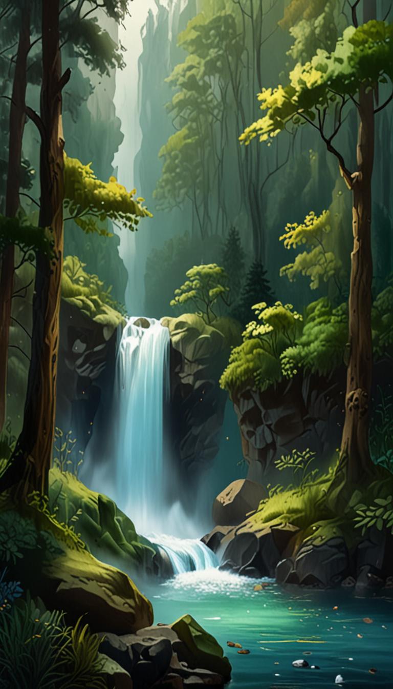 A serene, idyllic waterfall scene with soft pastel colours and warm golden light