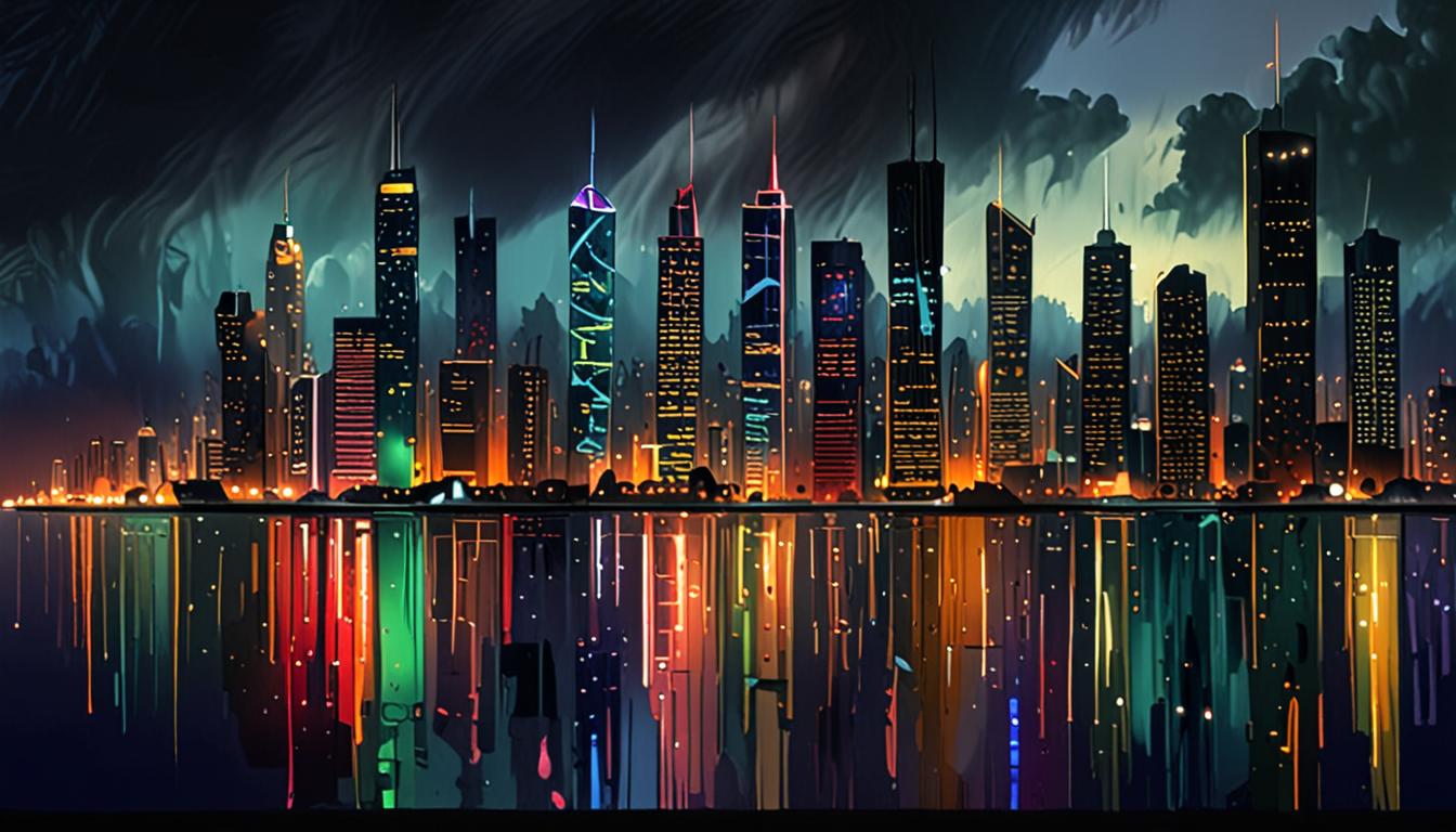 A rainy metropolis reflected in a dark body of water, with misty tendrils curling around skyscrapers.