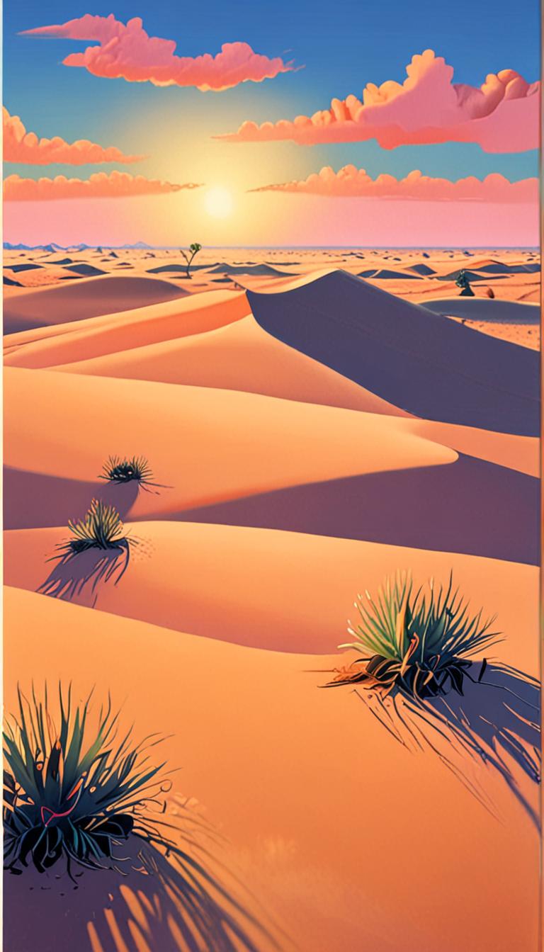 A serene desert landscape at golden hour, with golden sand dunes and a few succulents.