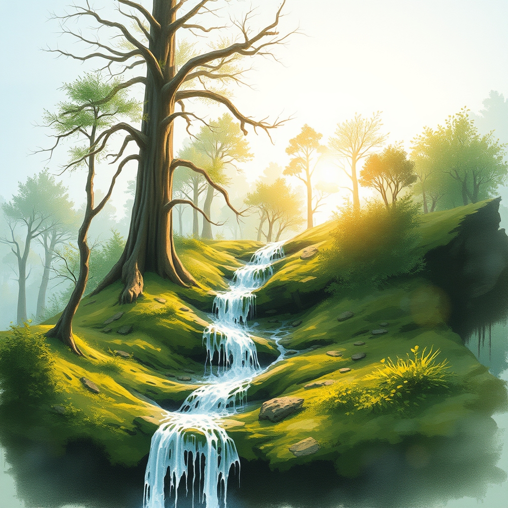 A serene waterfall surrounded by lush greenery and towering tree trunks