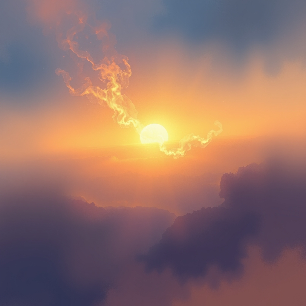 A serene, cosmic nebula drifts across a deep blue-purple sky, illuminated by a warm, golden light.