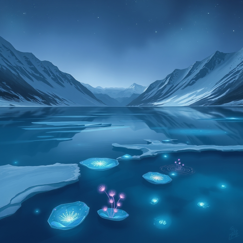 A serene, frozen lagoon surrounded by snow-capped mountains at night.