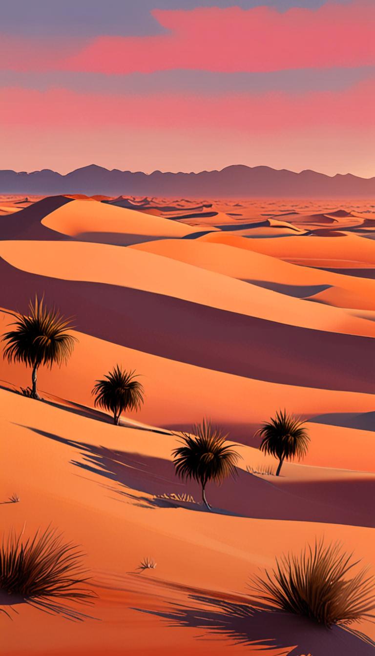 A serene desert landscape with undulating golden dunes and a warm, golden light