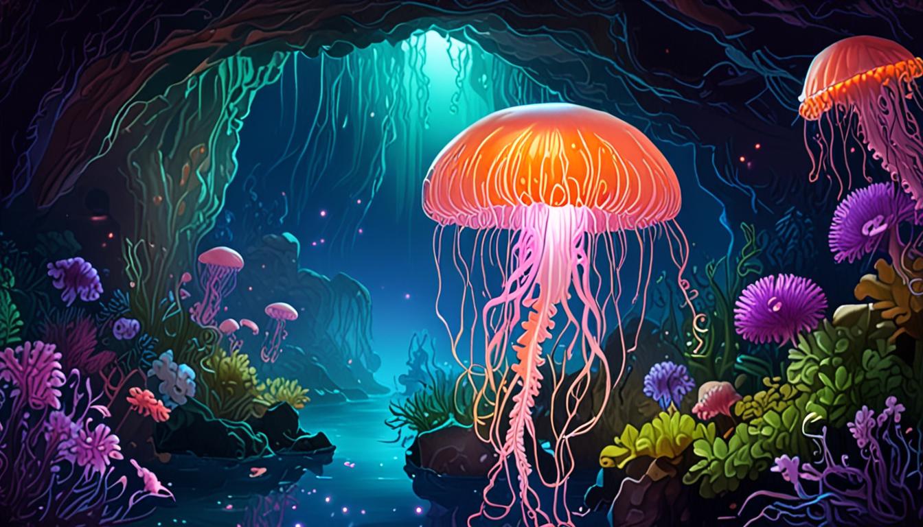 A glowing jellyfish drifts through a moonlit underwater cave surrounded by aquatic life