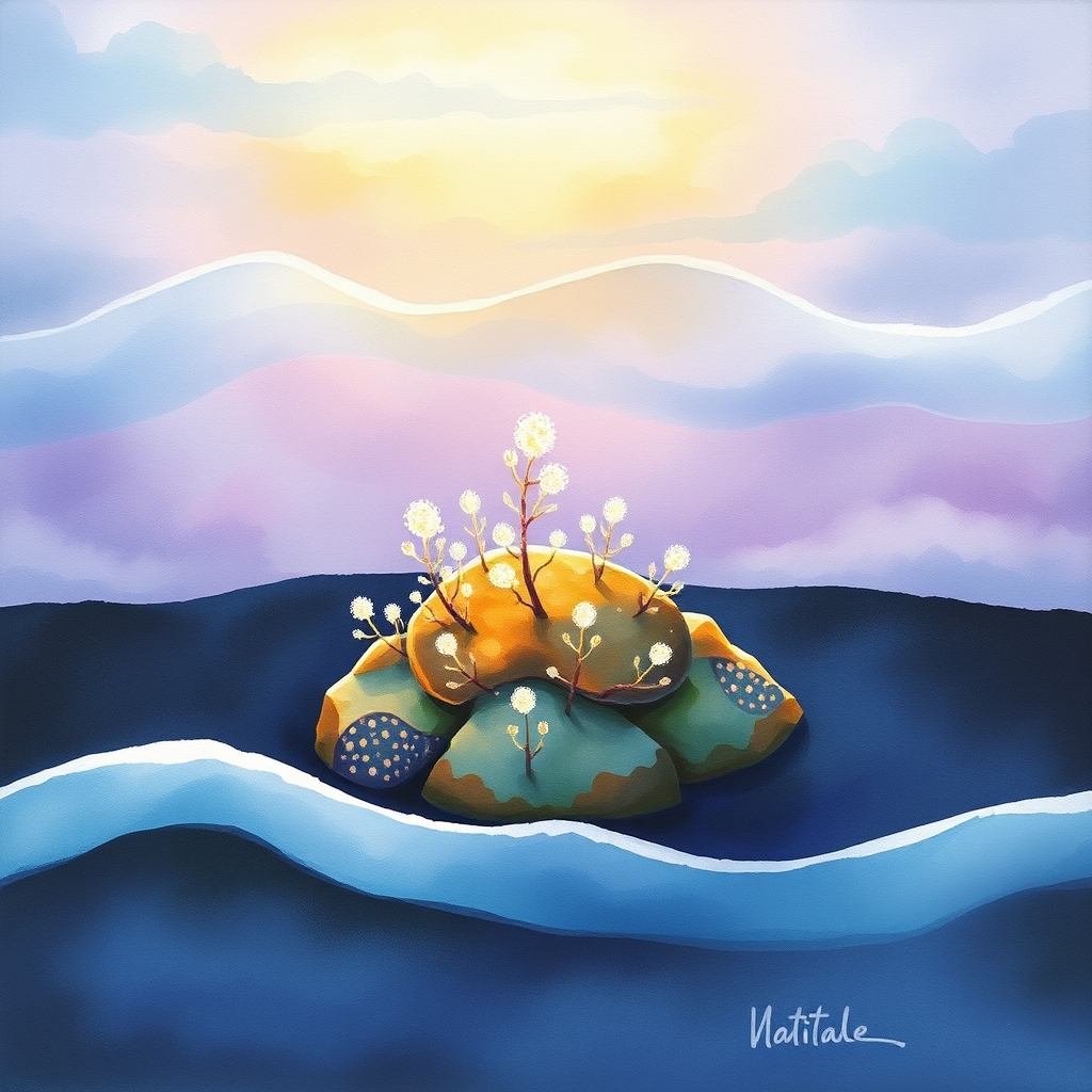 A glowing ocean reef, illuminated by soft golden light, rises from the dark ocean floor.
