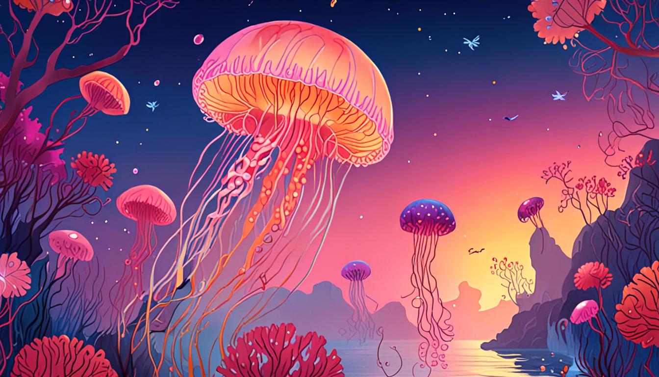A jellyfish glows in a tropical lagoon at dawn, surrounded by sea fans and fish.
