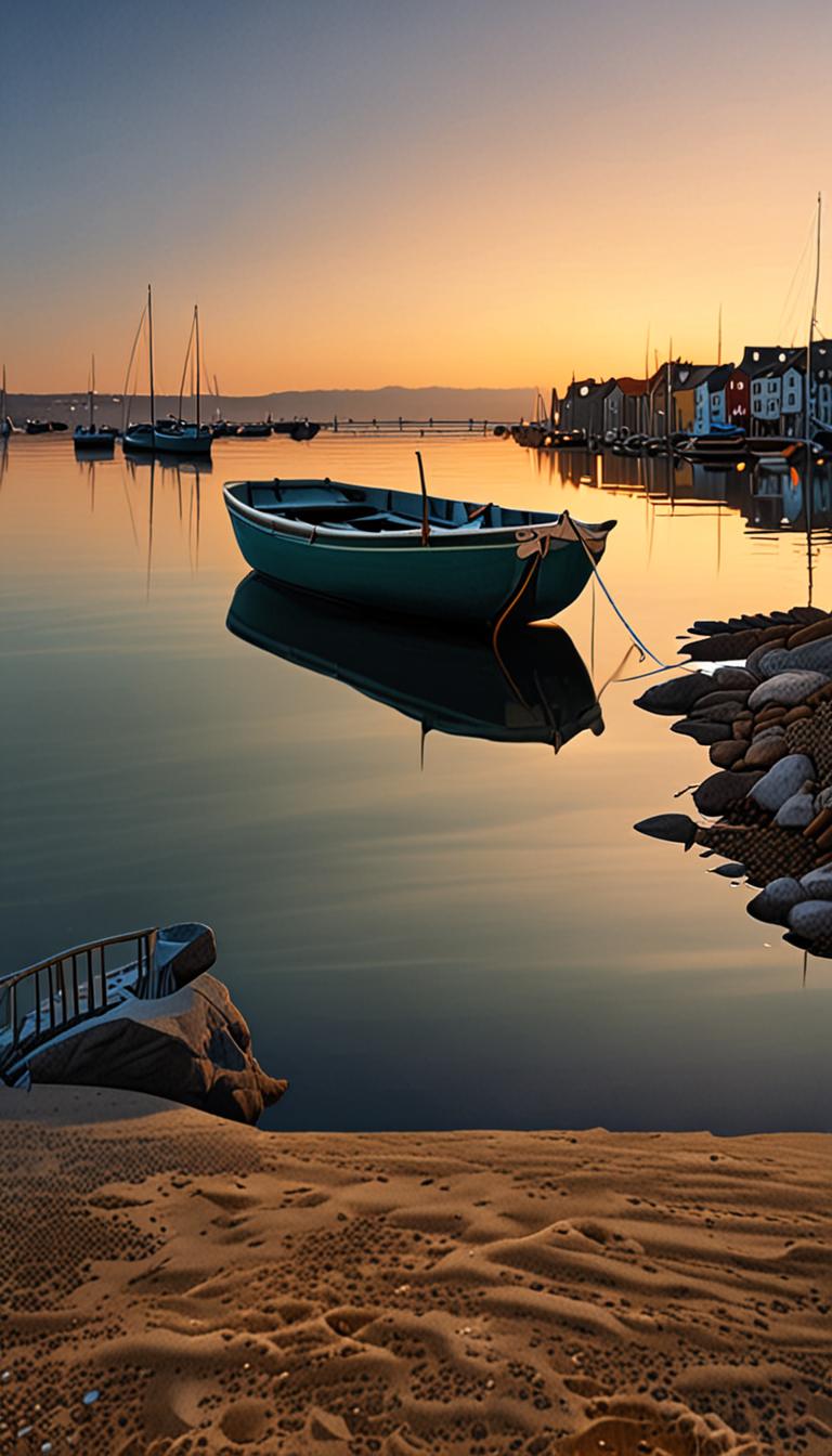 A serene harbour at blue hour with a gentle lapping of waves and a warm golden light