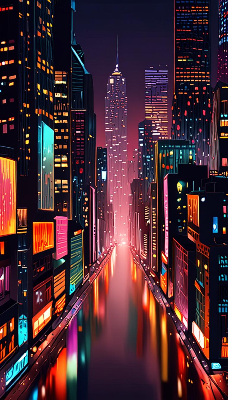A rainy cityscape with vibrant colors and intricate details