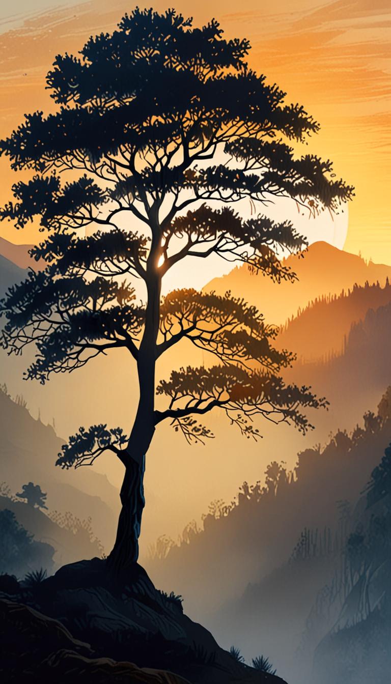 A mystical, glowing tree ascends a misty, layered hillside at dawn.