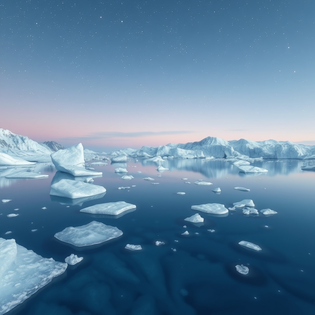 A serene glacial lagoon under a starry night sky with delicate ice formations and crystal clear waters