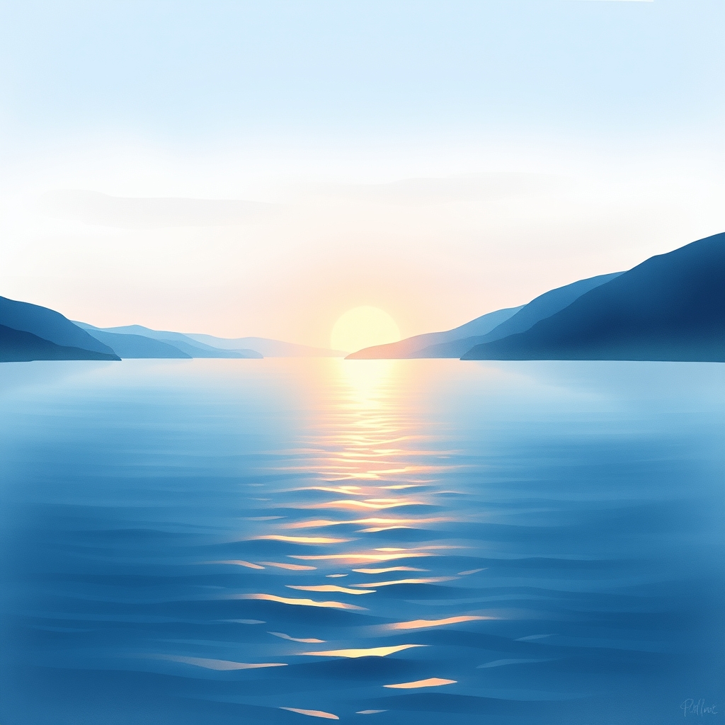 A serene Nordic fjord landscape with a gentle, golden light casting a warm glow on the rippling water, set against a subtle, gradient blue sky with hints of pink and purple.