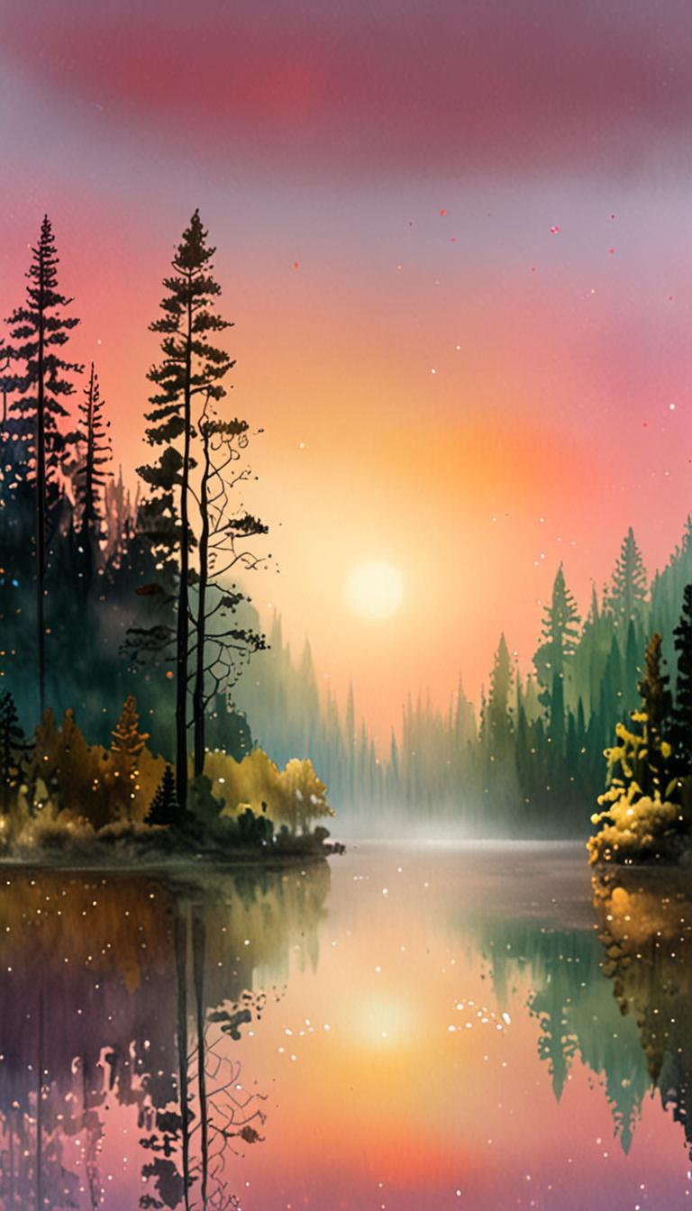 A serene, ethereal nebula cloud rises from a crystal-encrusted lake in a misty, verdant forest.