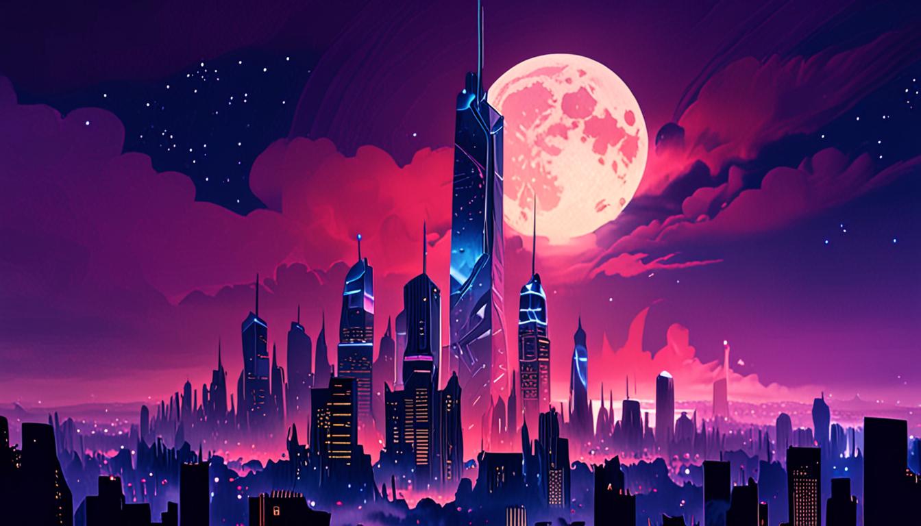 A crystal formation rises from a misty rooftop under a full moon.