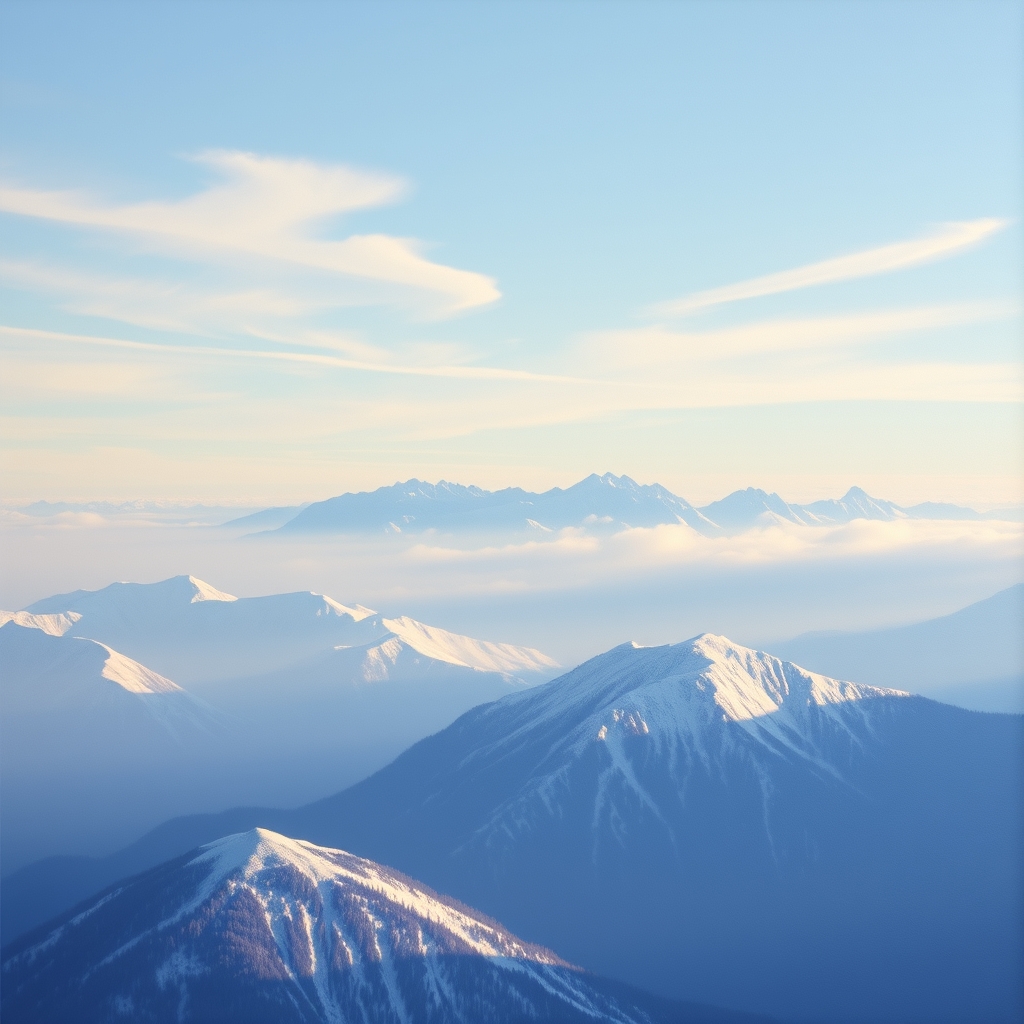 A serene landscape of misty mountains and wispy clouds at dawn.