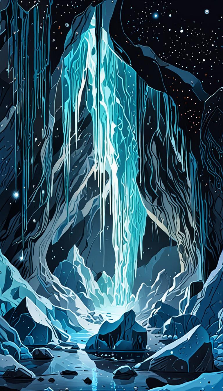 A serene ice cave under a starry night sky