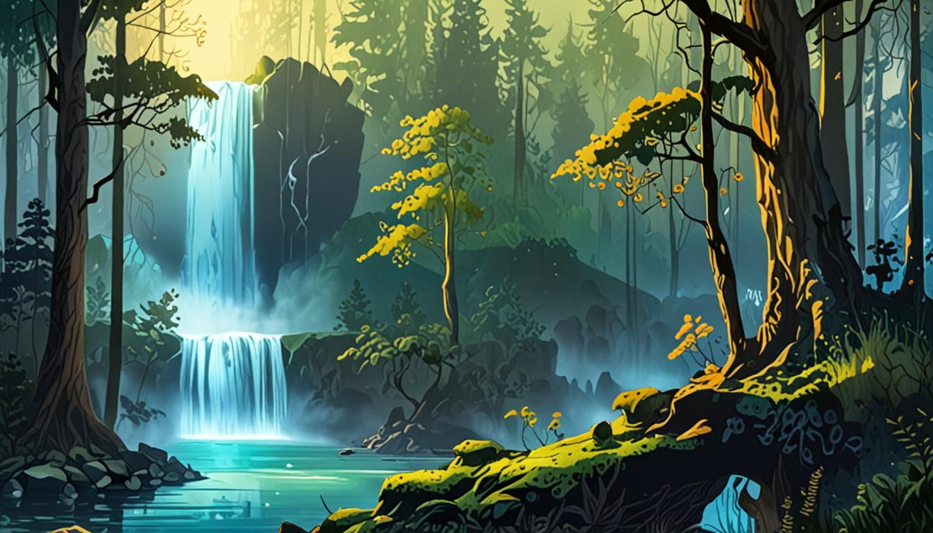 A serene forest scene with a large waterfall, glowing trees, and a warm evening atmosphere.