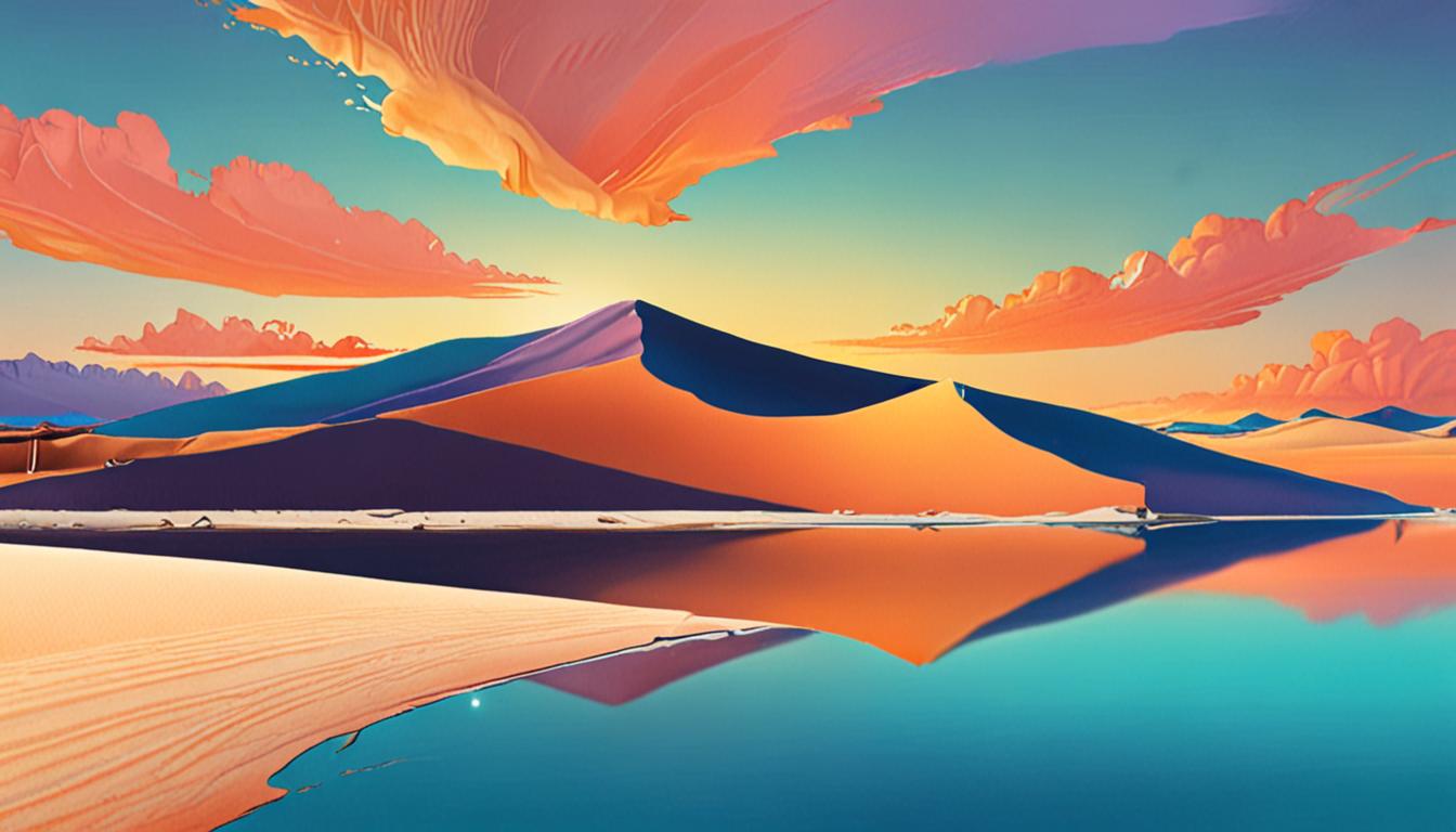 A glowing sand dune rises from a crystal-clear lake