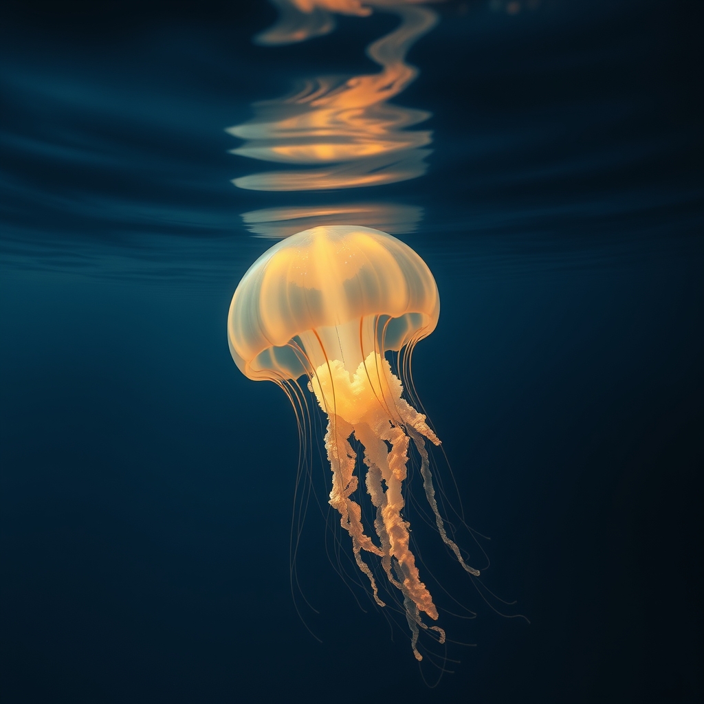 A glowing jellyfish floats through a dark, starry abyssal sea.