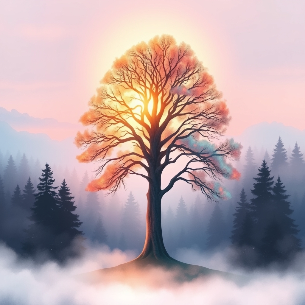 A surreal, misty forest landscape with an iridescent tree and a soft, golden light.