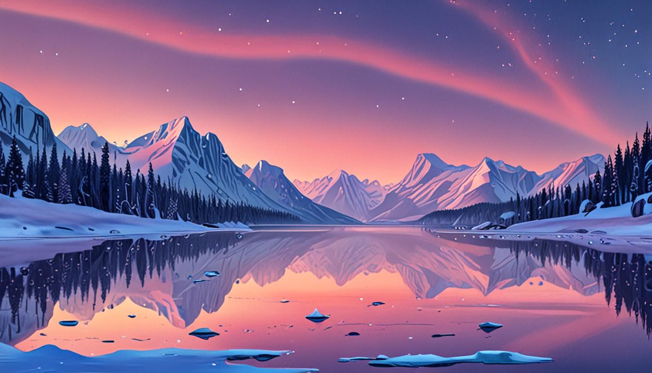 A serene, snow-covered valley landscape at dawn with shimmering aurora borealis lights