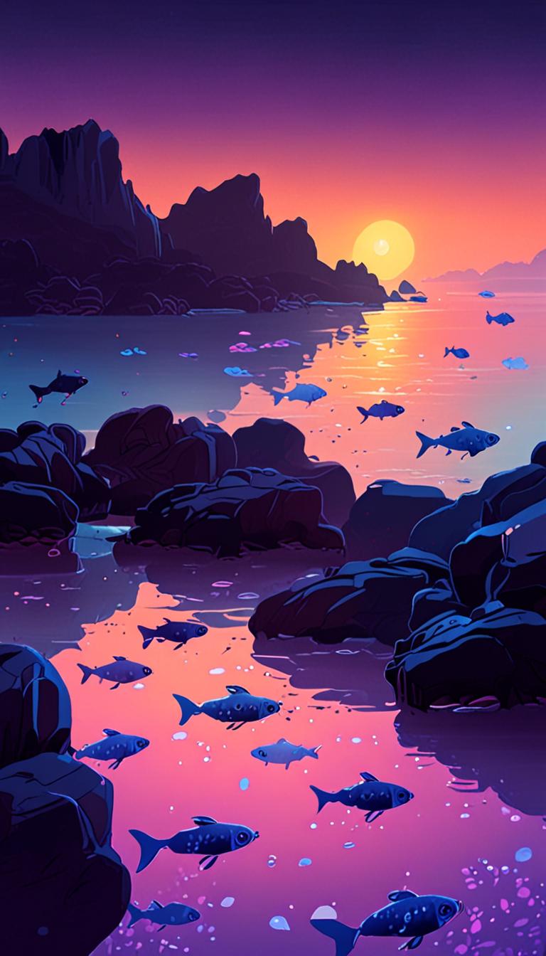 A dark harbour with glowing fish and soft blue light