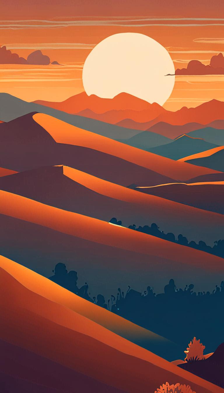 A serene, golden-brown landscape with layered hills and a tranquil blue-hour sky.