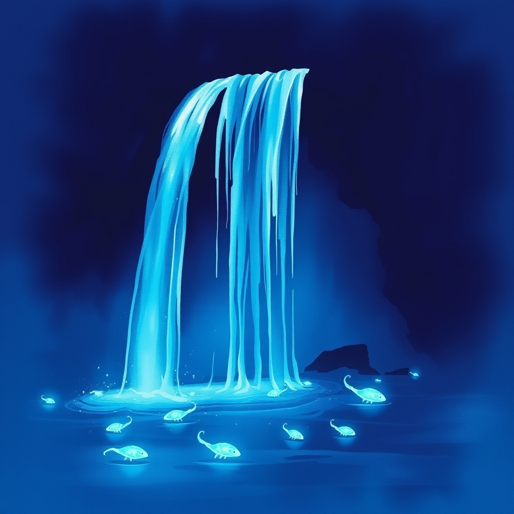A waterfall shines with soft blue-green light in a dark ocean.