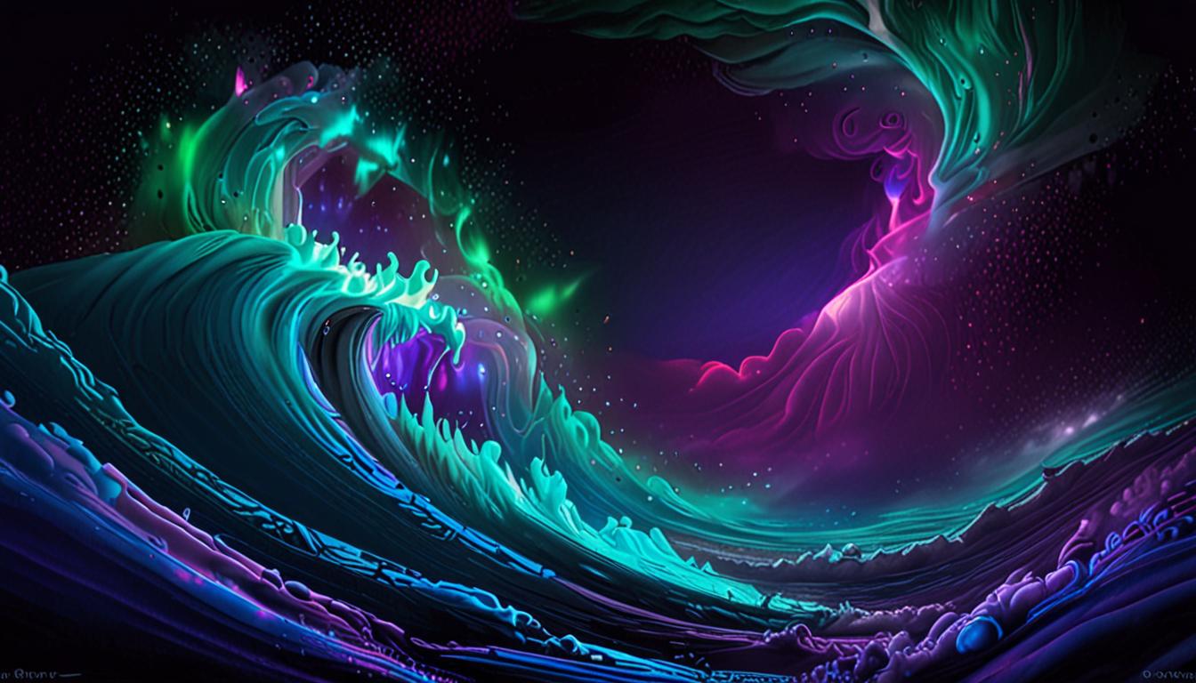 A swirling vortex of ethereal energy bursts forth from the dark, mysterious depths of a glowing ocean, illuminated by an otherworldly blue-green glow.