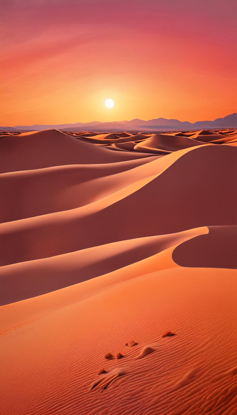 A golden desert landscape with rolling sand dunes and a warm sunset sky.