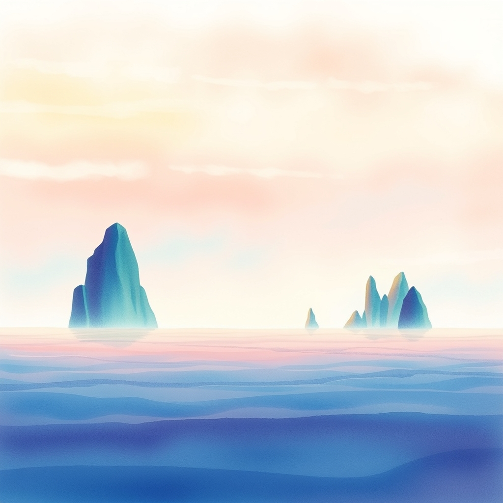 A mystical scene of crystal formations and soft waves against a pastel sky.
